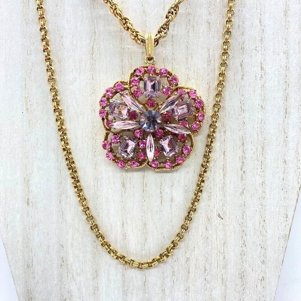 Vintage Pink Crystal Pendant Necklace With Gold Tone Double Rope‎ Chain 30"